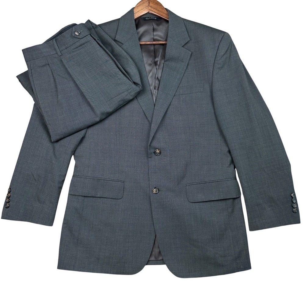 Jos A Bank Mens Charcoal Gray 100% Wool 2 Piece Suit 40R Blazer 34R Pleated Pant